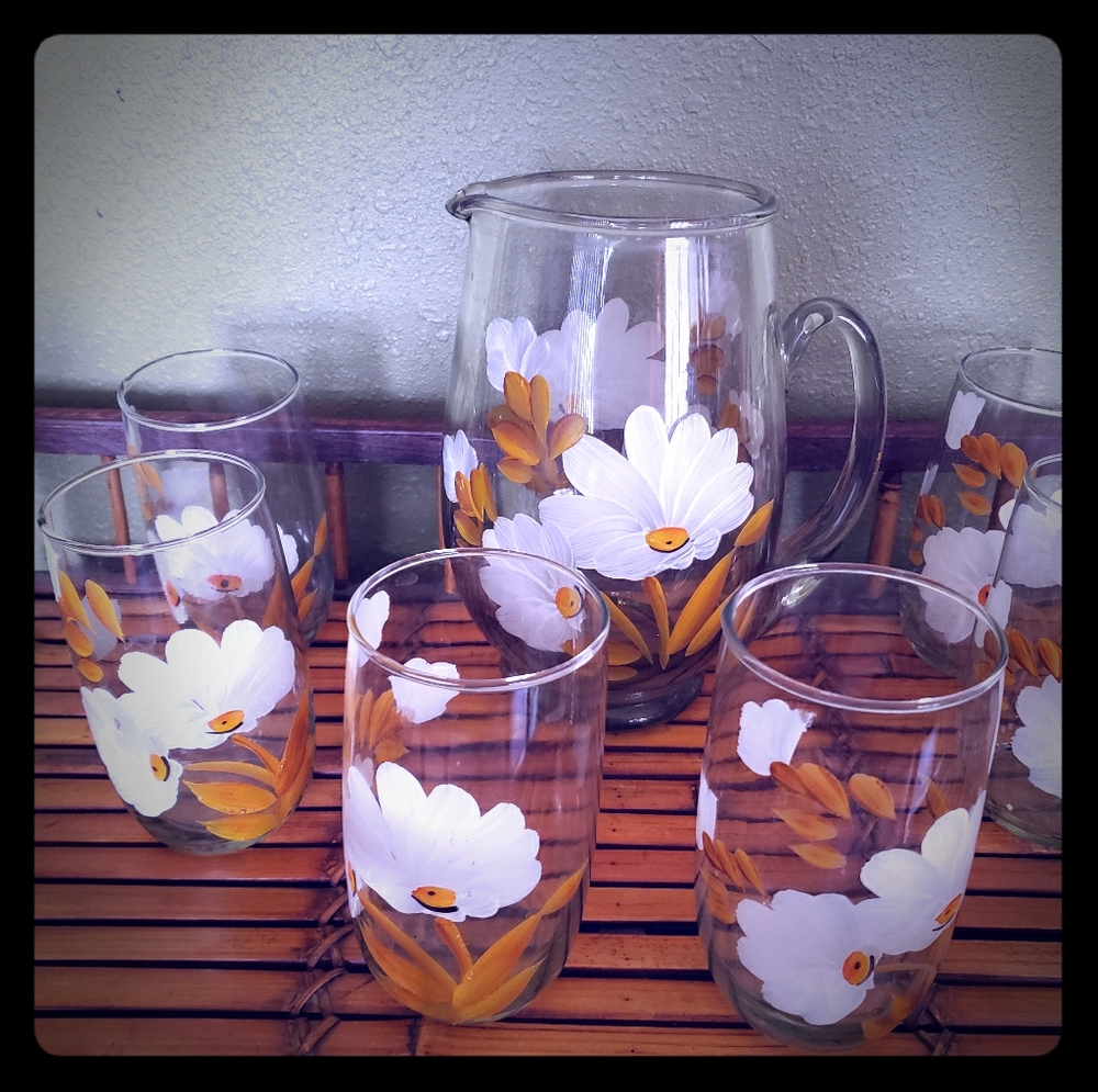 Bamboo serving tray with vintage ice tea set